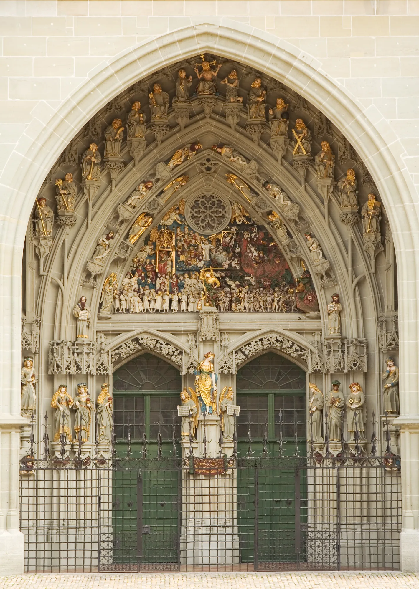 The polychrome Last Judgement tympanum over the west portal of the Bern Minster (Münster)