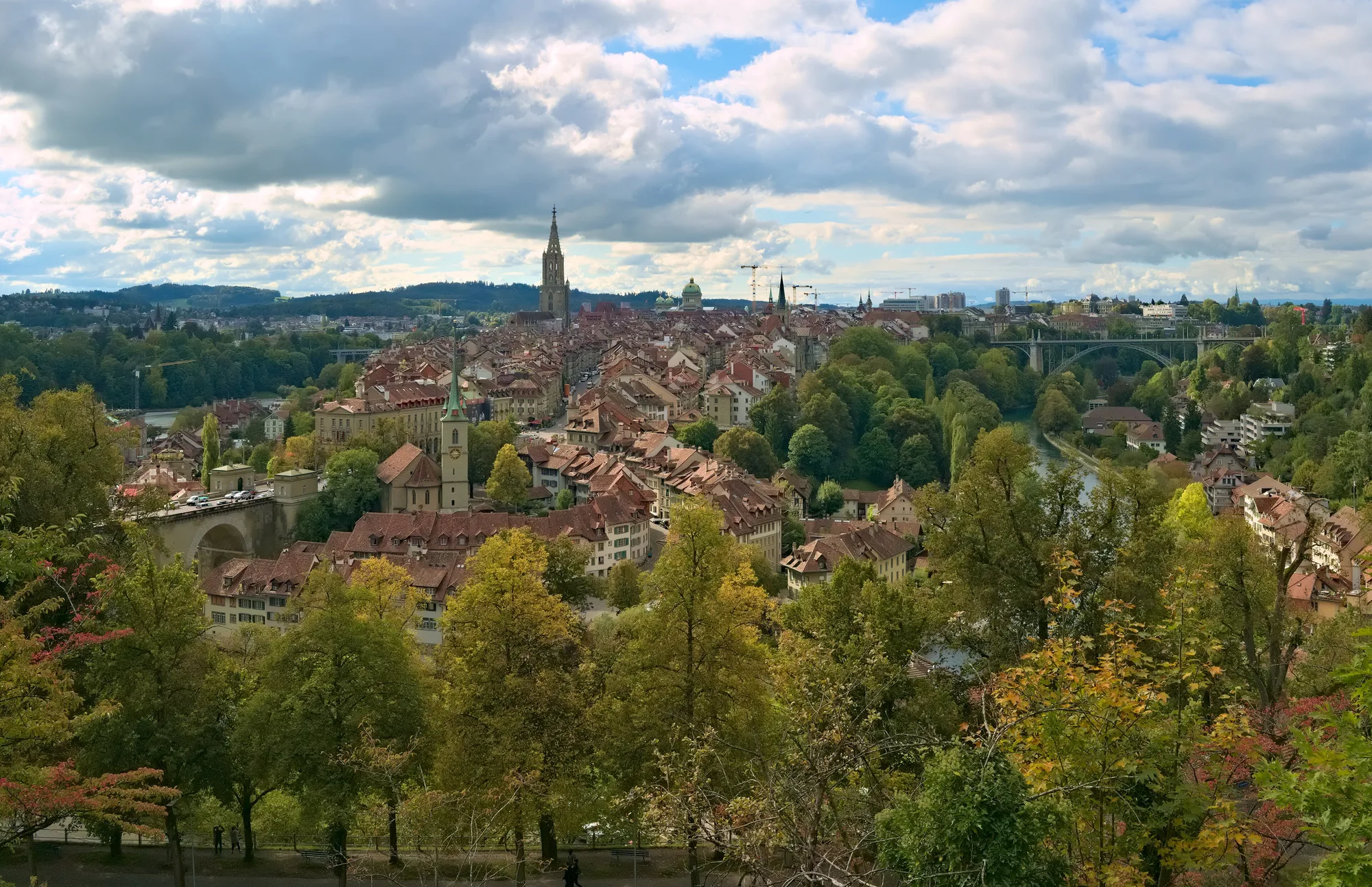 Bern's Old Town, the Minster spire and the Aare loop seen from the Rosengarten viewpoint