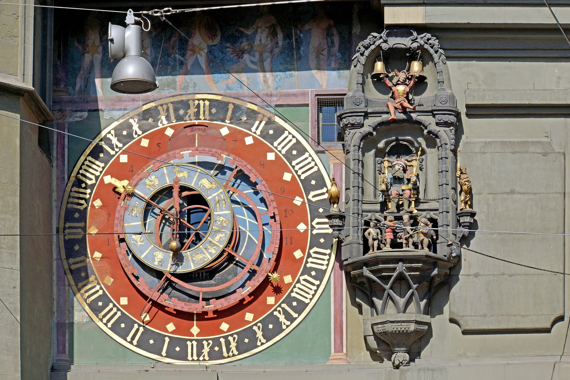 Close-up of the Zytglogge's astronomical dial and carved figure gallery in Bern